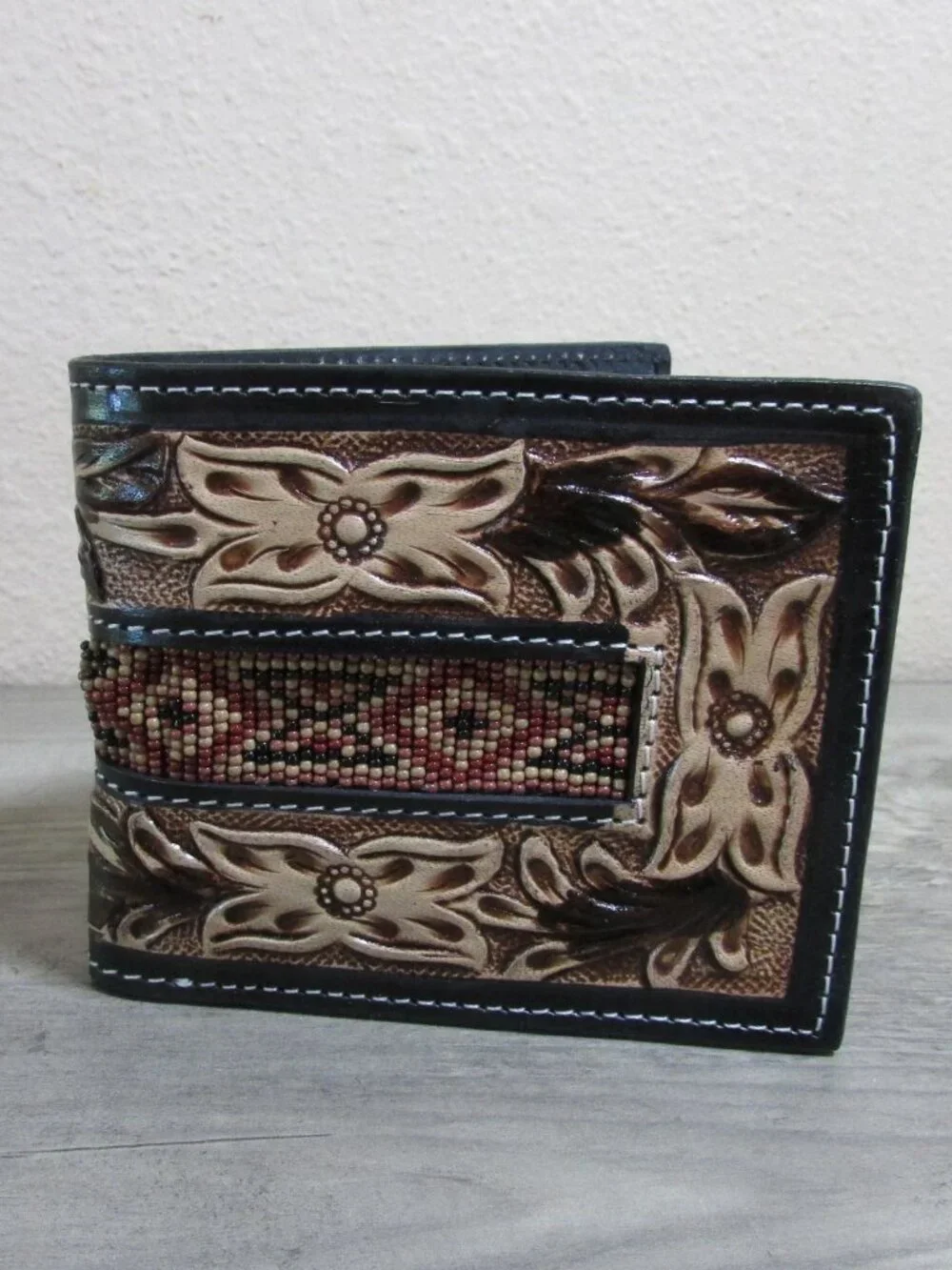 Leather Tooled & Aztec Beaded Men's Bifold Wallet - Burgundy/Tan